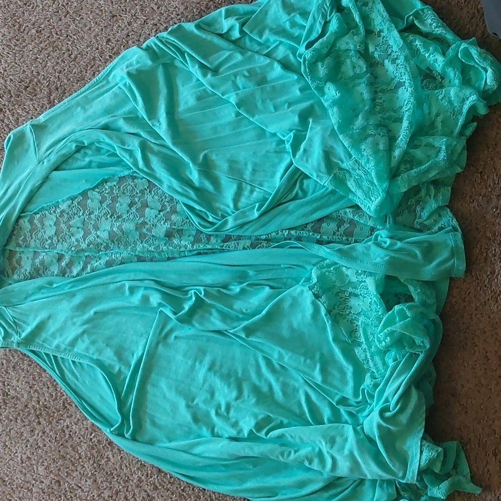 Honeyme Seagreen Sleeveless Lace Back Duster Cardigan One Size Oversized